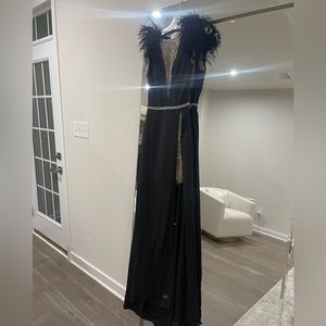 Jovani High Slit Prom/Bridesmaid Gown Black w Swarovski Crystals & Feathers